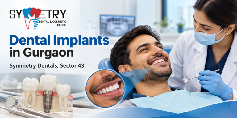 Dental implants in Gurgaon at Symmetry Dental & Cosmetic Clinic Sector 43 with dentist and smiling patient